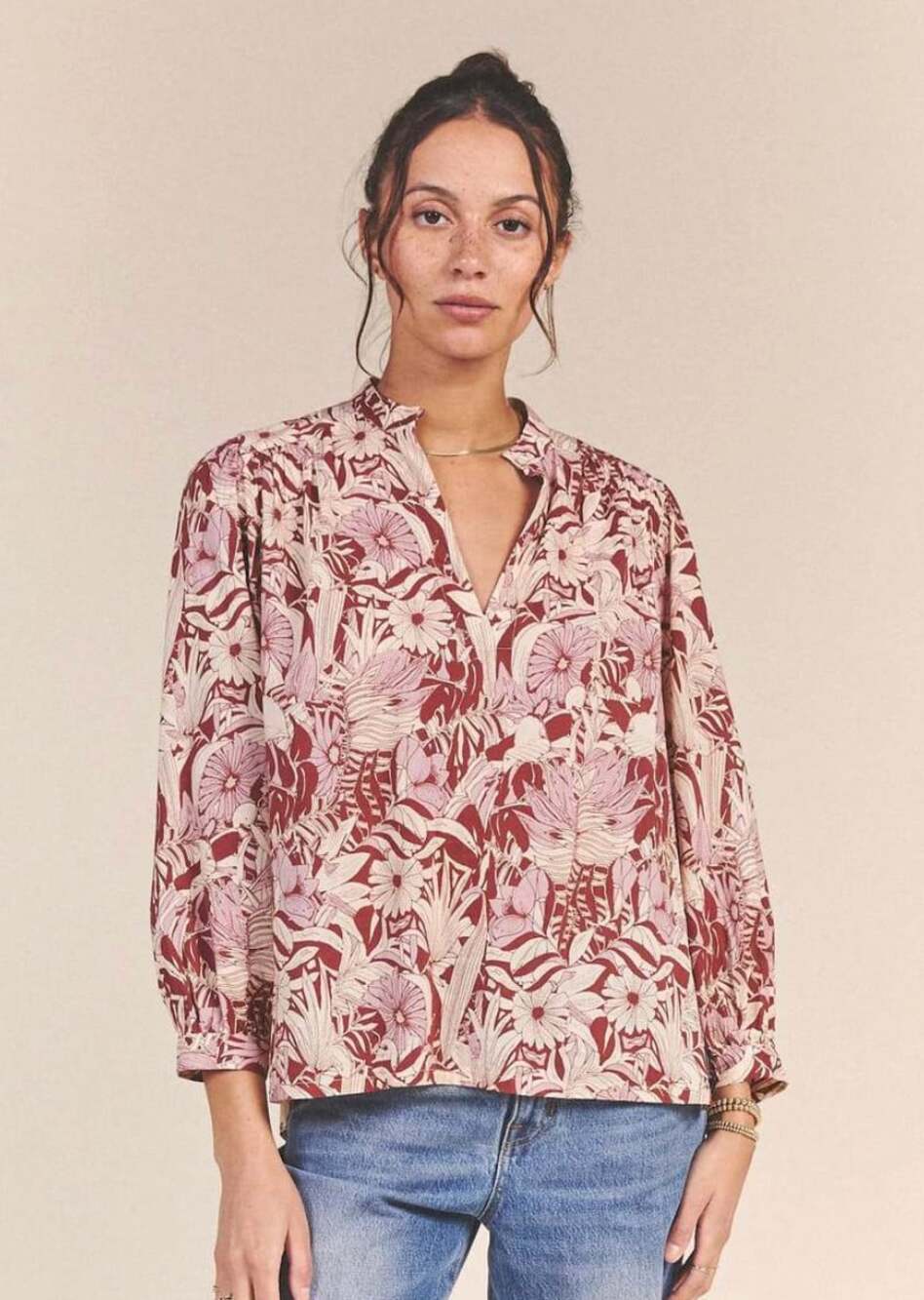 Trovata Birds of Paradis Bailey Blouse in Canela Palm Print Pink Size Medium